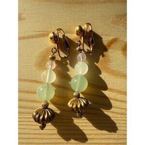 Vintage Clip-On Earrings Gold/Green/White Beads & Brass Accents